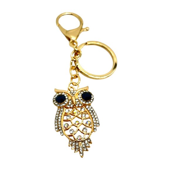 3/$30 GOLD OWL KEYCHAIN RHINESTONE CRYSTAL BLACK EYES BAG CHARM GIFT BLING NWT - Picture 1 of 11